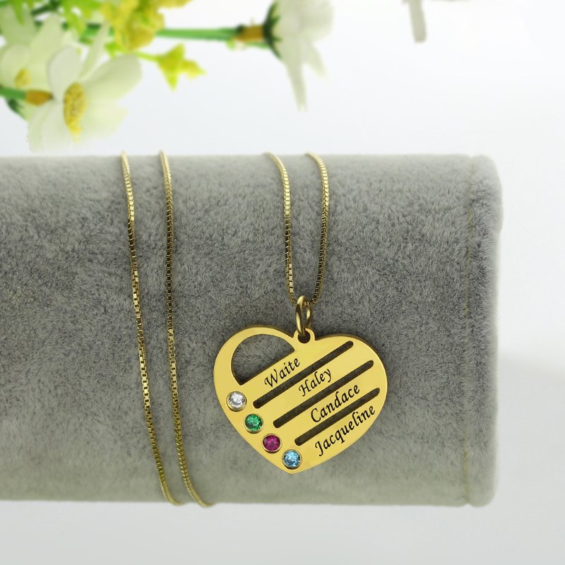 Personalised mother’s birthstone heart name necklace detail view