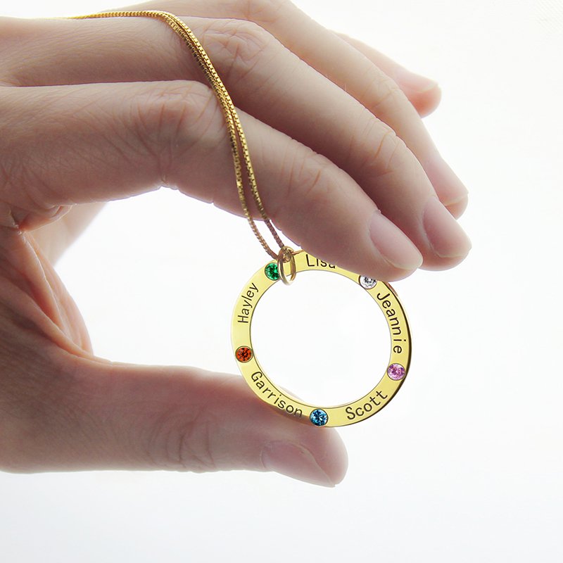 Family Circle Names Necklace for Mother in Gold Engraved family names and birthstone necklace product image