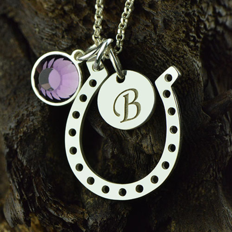 Horseshoe necklace with personalised initial and crystal charm