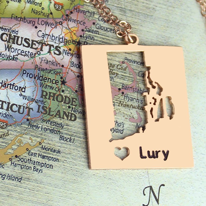 Personalised Rhode state dog tag necklace with heart name detail
