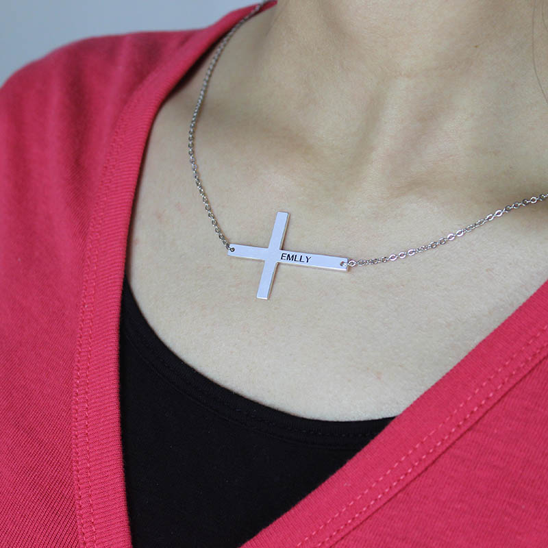 Engraved Silver Latin Cross Name Necklace - Gallery View Engraved silver Latin cross name necklace gallery image