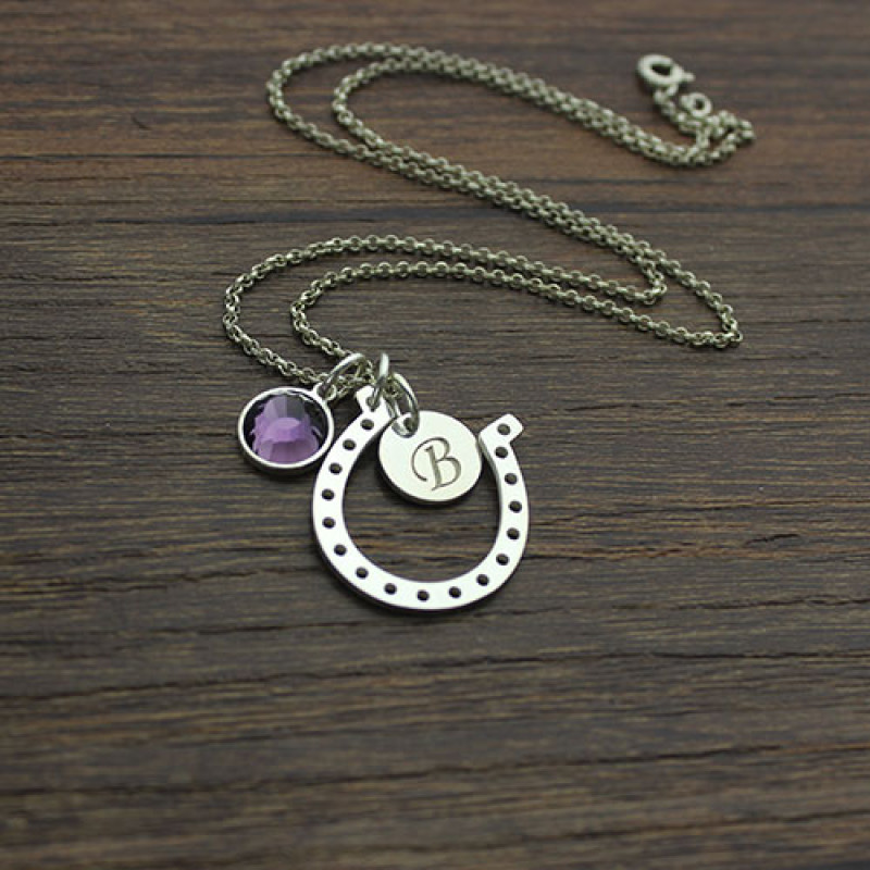 Sterling silver horseshoe pendant with initial disc charm