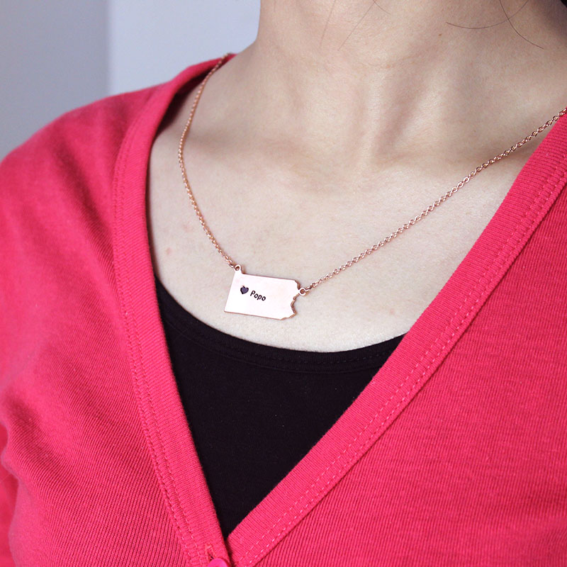 PA State Map Heart Name Necklace Personalised PA state map necklace with heart name design