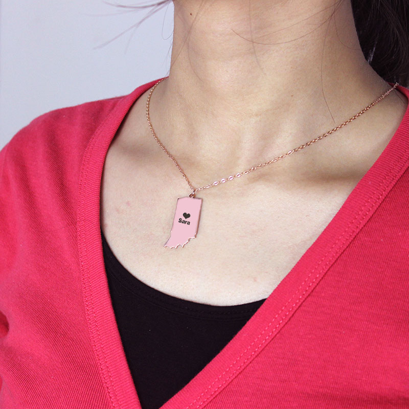 Indiana state-shaped personalised heart name necklace