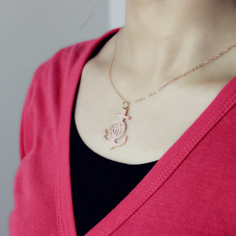 Rose Gold Anchor Cross Monogram Initial Pendant detail view