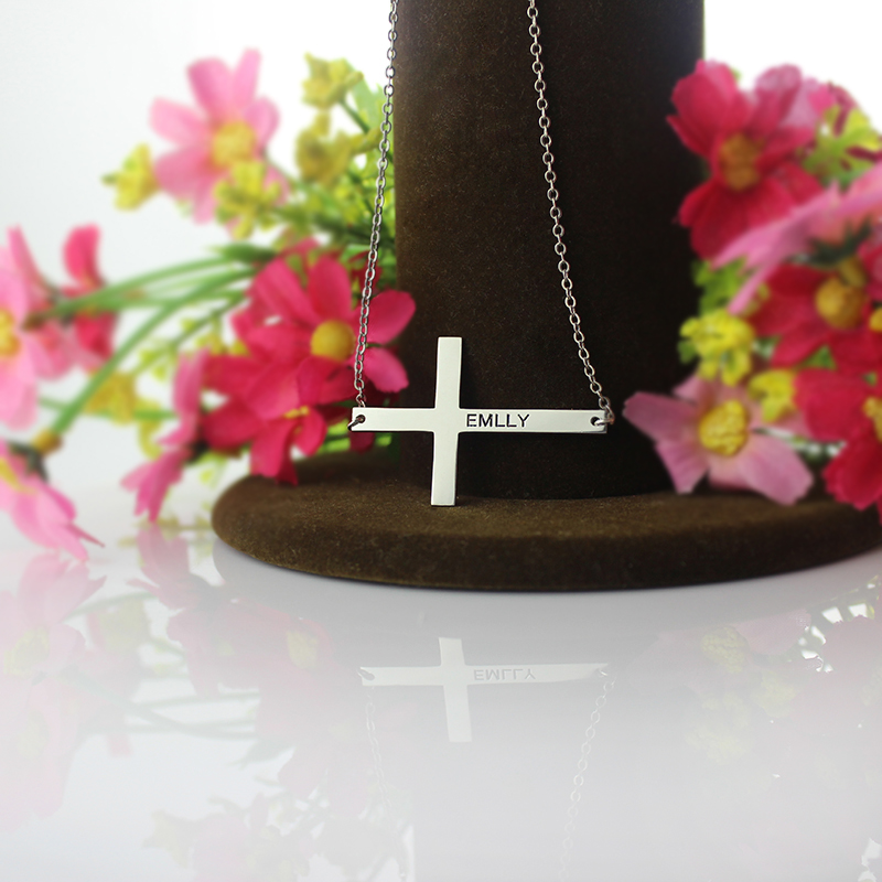 Engraved Silver Latin Cross Name Necklace - Gallery View Engraved silver Latin cross name necklace gallery image
