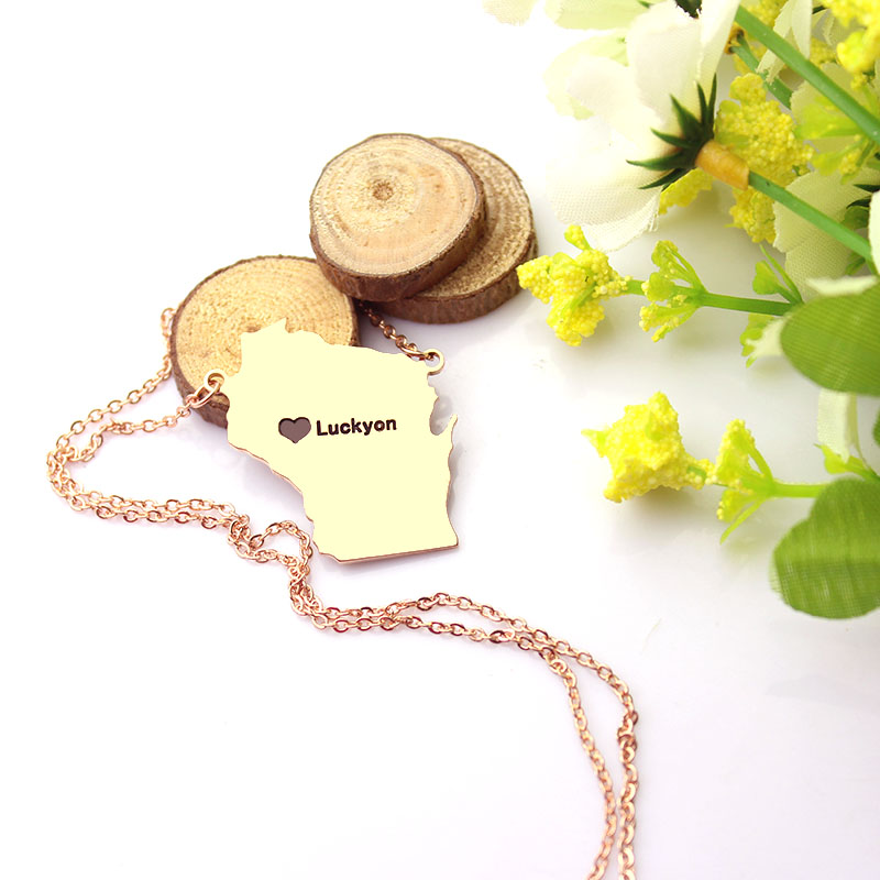 Wisconsin Heart Name Necklace Custom Wisconsin state-shaped name necklace product image