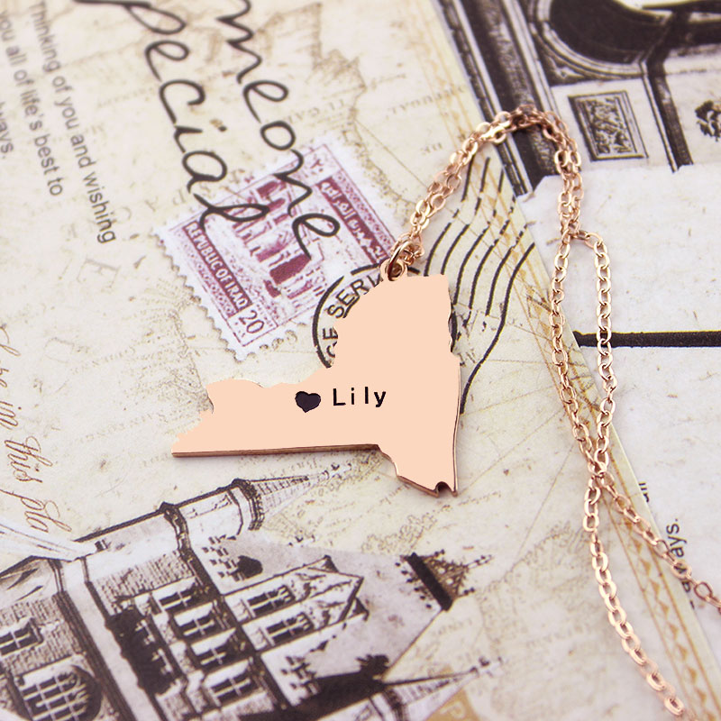 Personalised New York State Name Necklace Personalised New York state-shaped heart name necklace product image