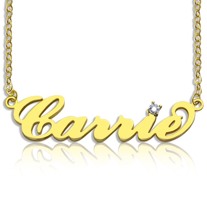 Carrie Nameplate Necklace with Birthstone Carrie-style personalised nameplate necklace