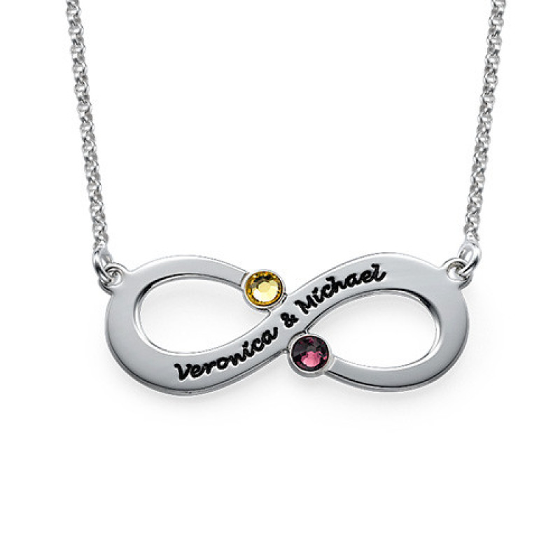 Couple's infinity necklace with engraved names and birthstones