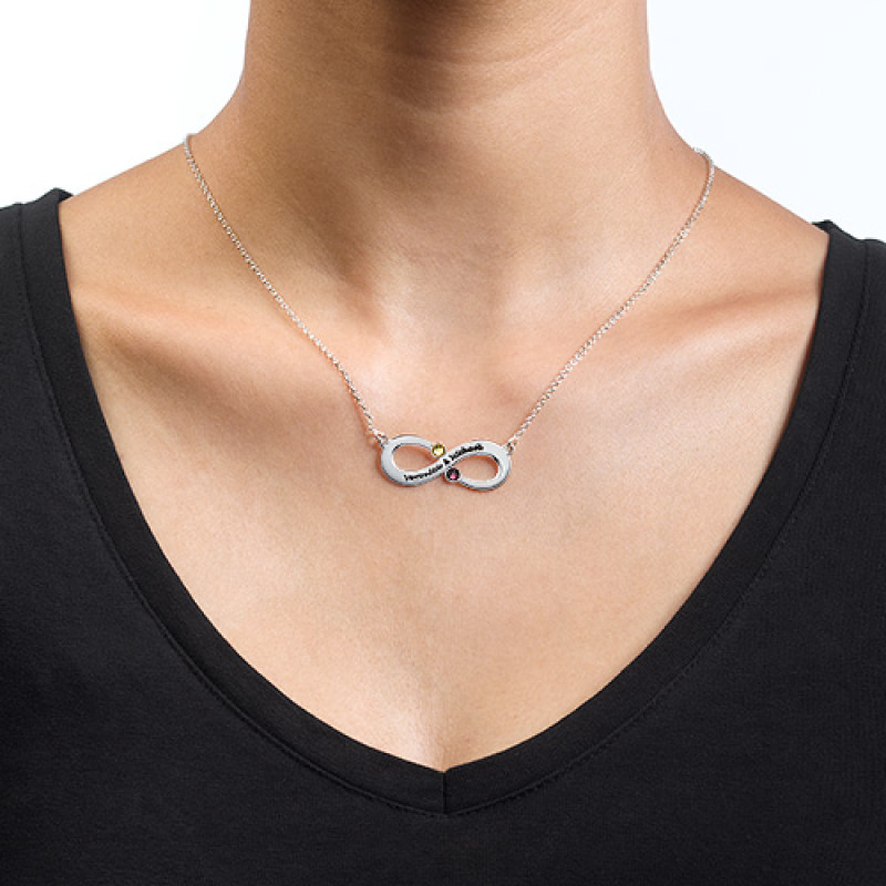Couple's infinity necklace with engraved names and birthstones