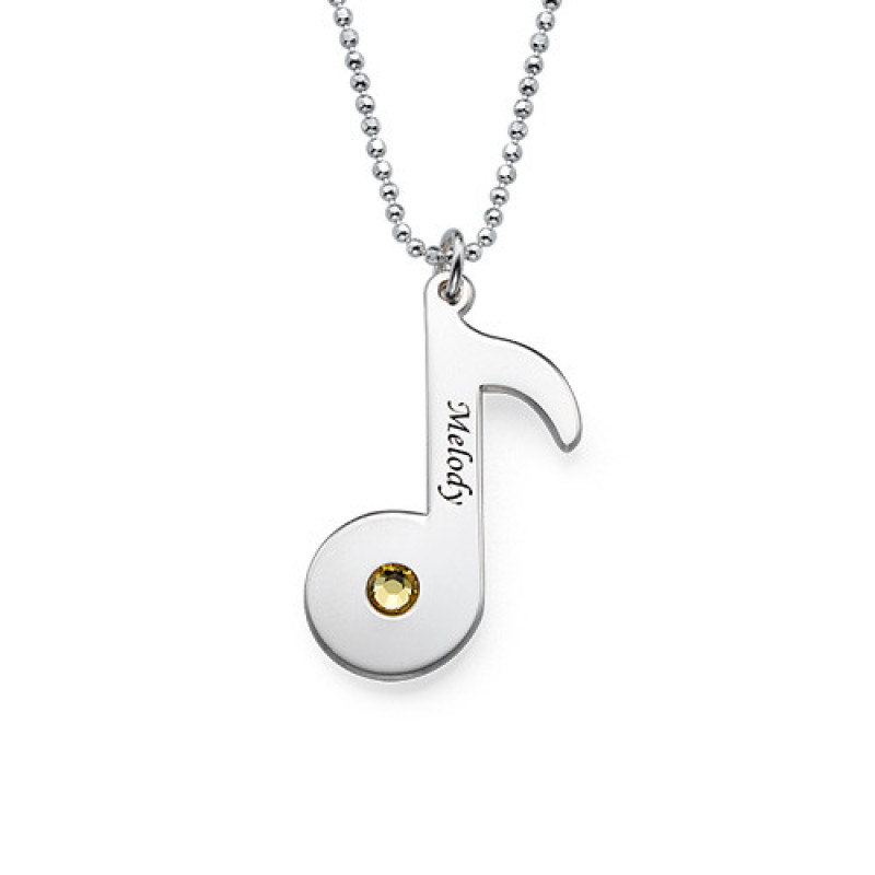 Engraved sterling silver music note necklace with optional birthstone crystal