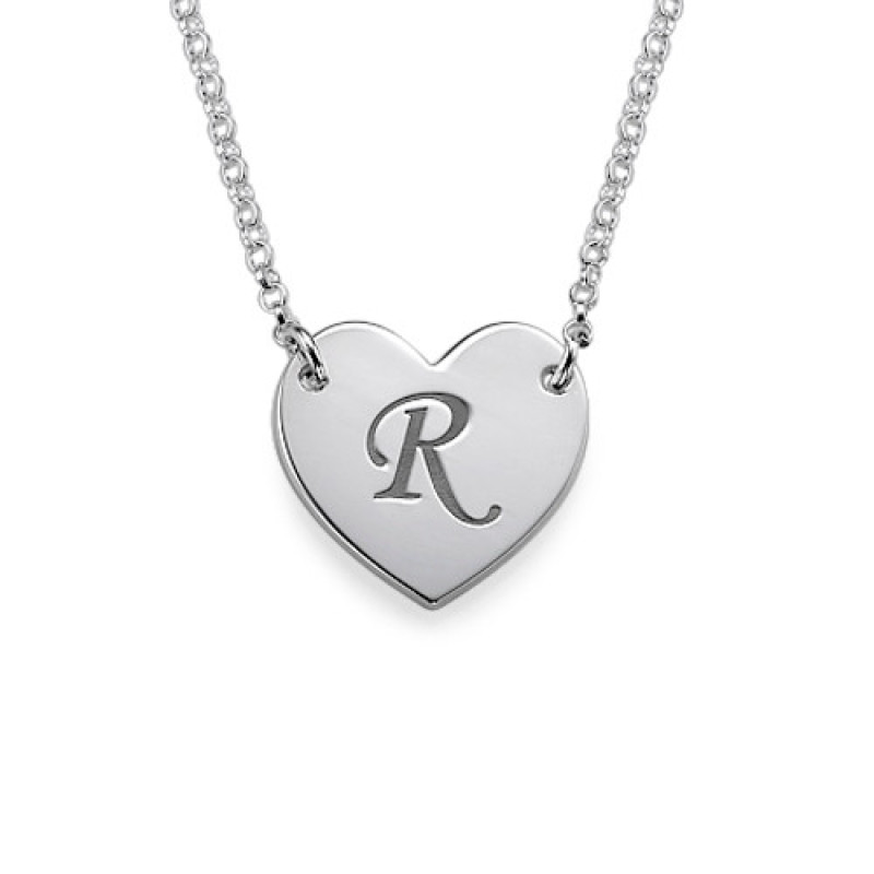 Heart Necklace with Initial Print Font Sterling silver heart necklace with a capital initial in print font