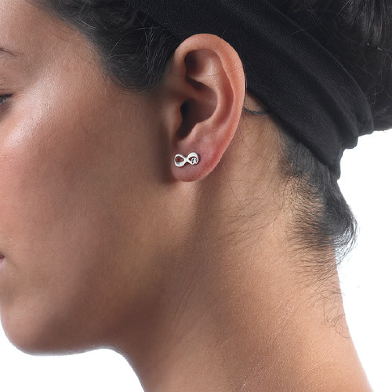 Infinity stud earrings with optional initial, product view