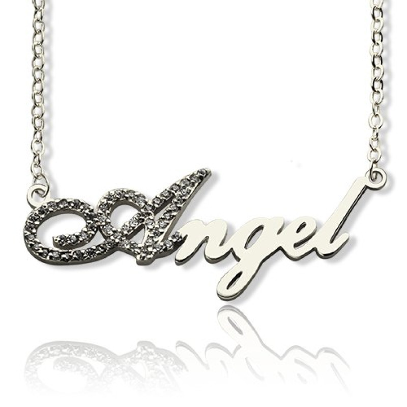 Sterling Silver Script Name Necklace with Birthstones Script name necklace with birthstone detail
