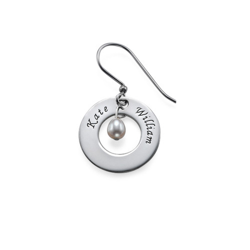 Personalised Two Name Birthstone Earrings Personalised earrings with two engraved names and a central birthstone