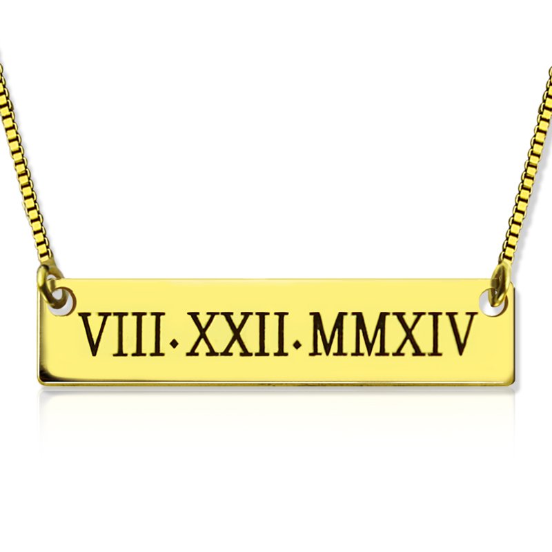Personalised Roman Numeral Bar Necklace 18ct Gold Plated Personalised Roman numeral bar necklace in 18ct gold plated finish
