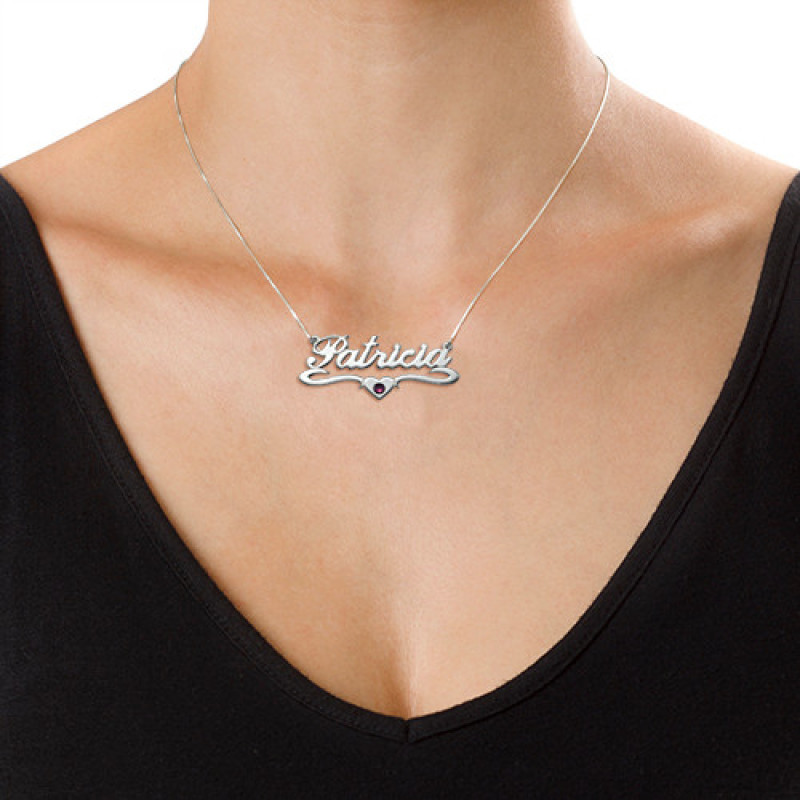 Silver personalised name necklace with a Swarovski crystal-accented middle heart