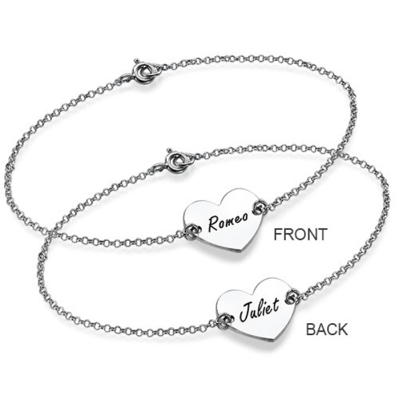 Engraved heart pendant on sterling silver couples bracelet