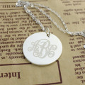 White Gold Engraved Monogram Necklace Solid white gold vine font disc engraved monogram necklace