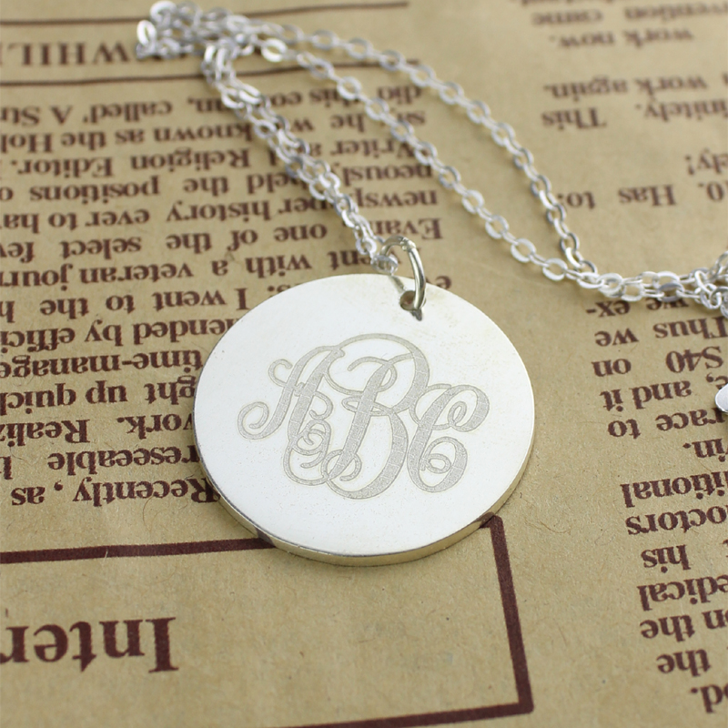 White Gold Engraved Monogram Necklace Solid white gold vine font disc engraved monogram necklace