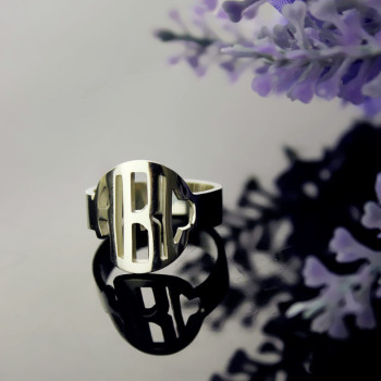 Circle Block Monogram 3 Initials Ring Solid White Gold Ring Circle Block Monogram 3 Initials Ring Solid White Gold Ring