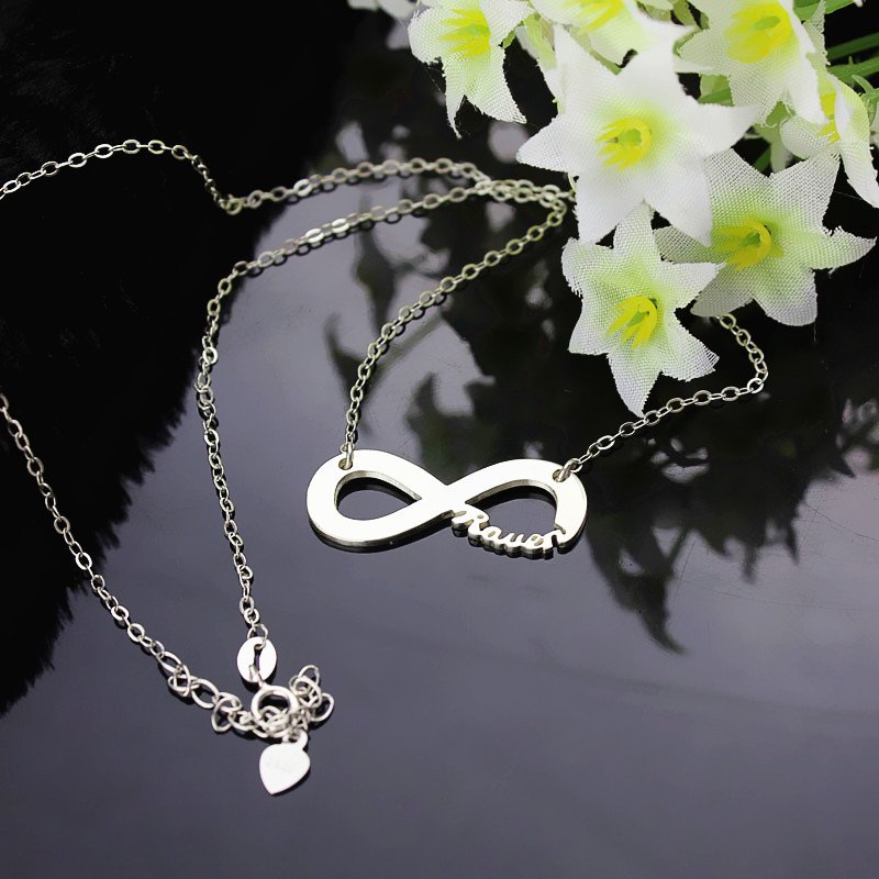 Personalised 18ct solid white gold infinity name necklace