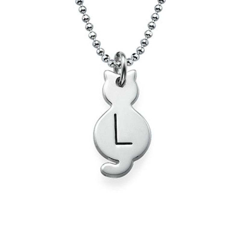 Tiny Cat Necklace with Initial in Sterling Silver Tiny cat necklace with an engraved capital initial