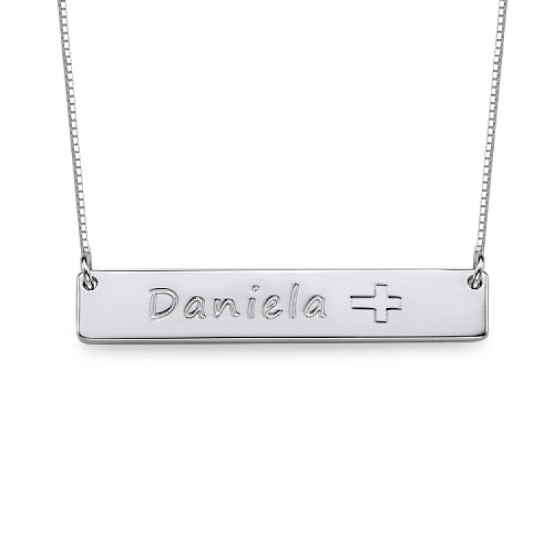 Silver Bar Necklace with Cross Icon Silver bar necklace with Cross icon