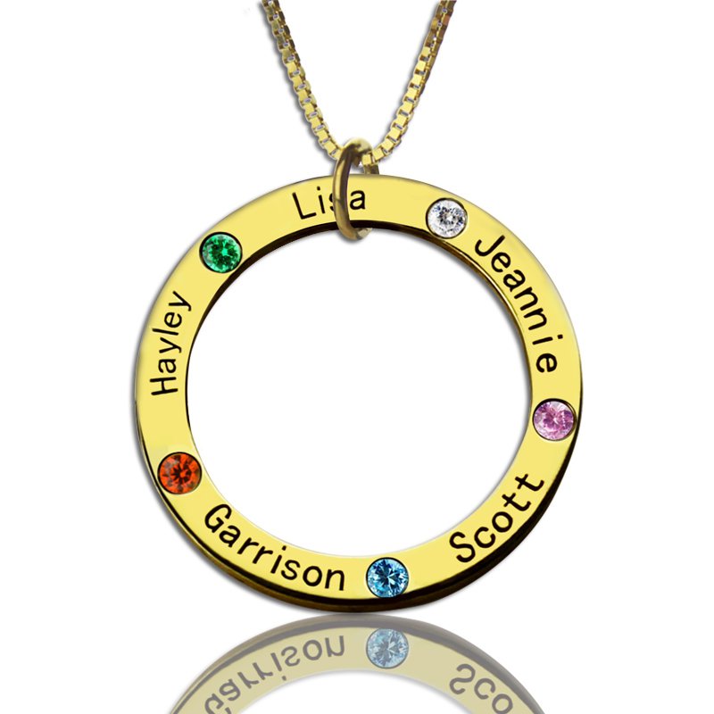 Family Circle Names Necklace for Mother in Gold Family circle names necklace for mother with engraved names and birthstones