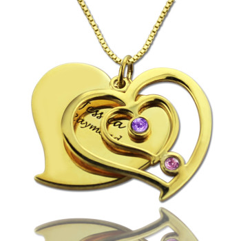 His Her Birthstone Heart Name Necklace 18ct Gold Plated