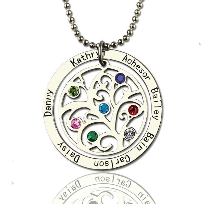 Personalised Family Tree Birthstone Name Necklace Personalised family tree necklace with engraved names and birthstones