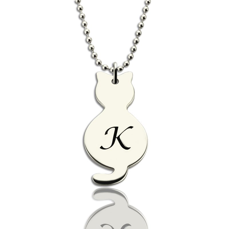 Personalised Tiny Cat Initial Pendant Necklace Personalised tiny cat initial pendant necklace in silver