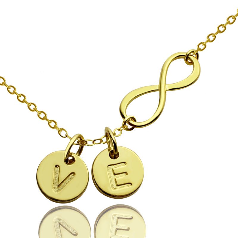Gold plated infinity necklace with a disc initial charm