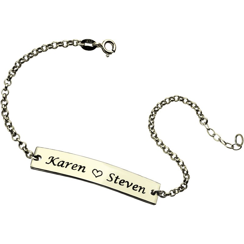 Engraved Name Bar Bracelet in Sterling Silver Engraved sterling silver name bar bracelet with heart detail