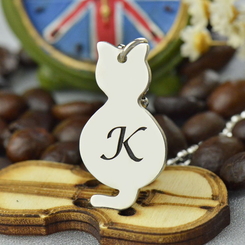 Tiny Cat Initial Pendant Necklace Personalised tiny cat initial pendant necklace, gallery view