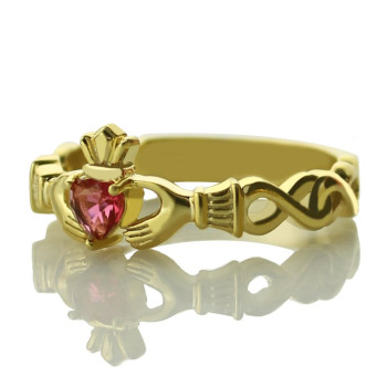 Ladies Modern Claddagh Rings With Birthstone Name Gold Plated