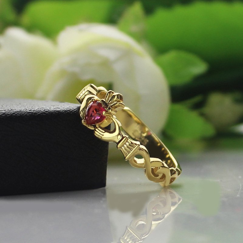 Personalised modern Claddagh birthstone name ring detail