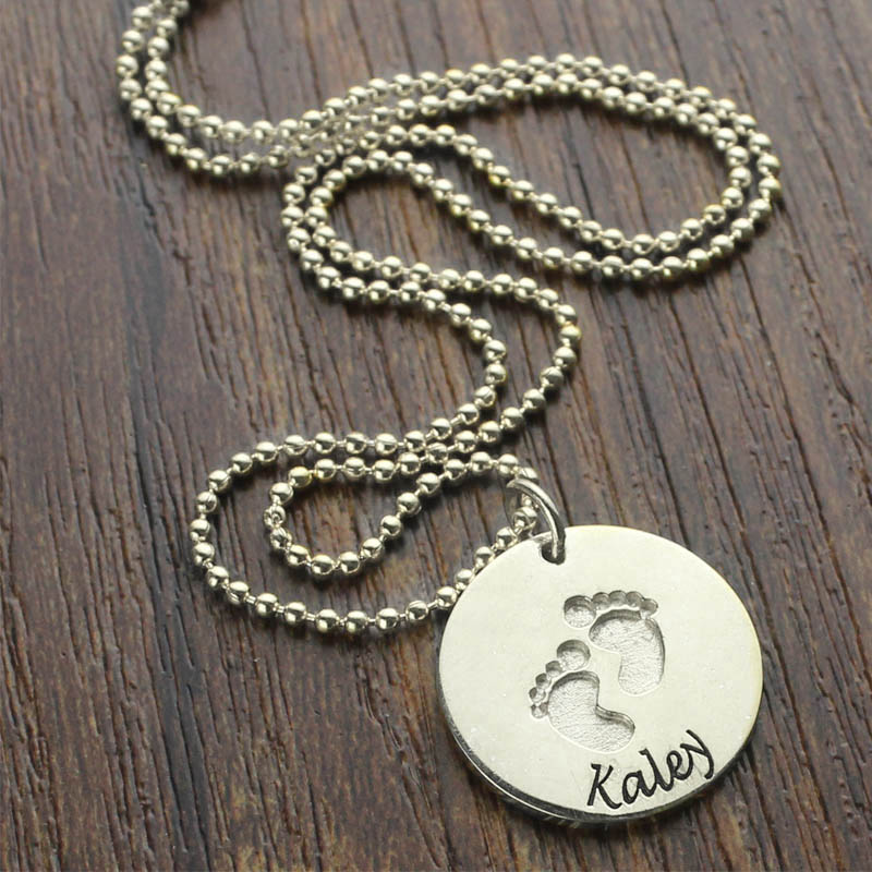 Engraved Baby Footprints Name Necklace Engraved baby footprints name necklace product view