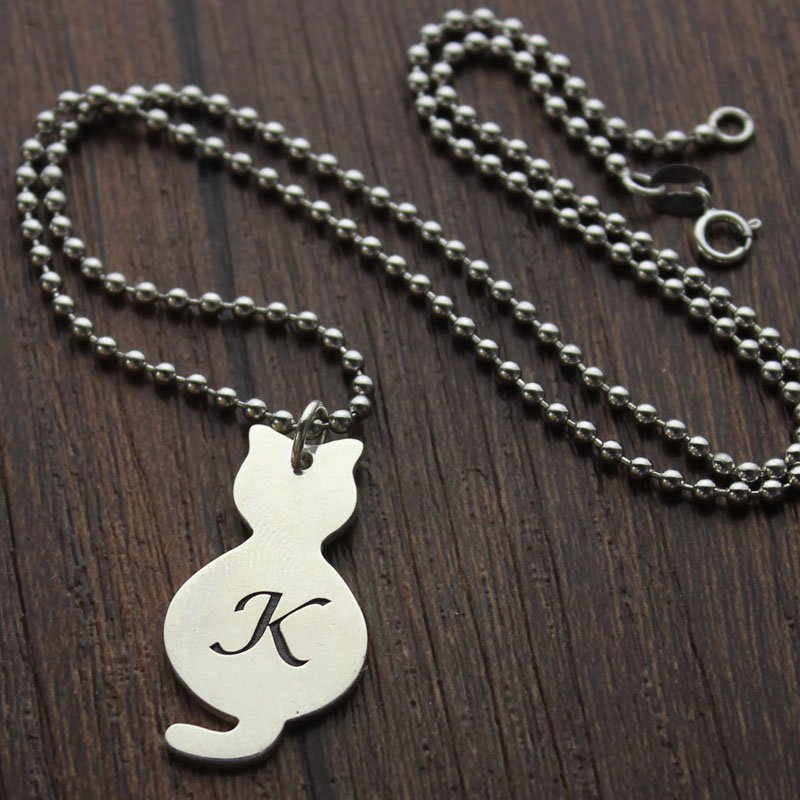 Tiny Cat Initial Pendant Necklace Personalised tiny cat initial pendant necklace, gallery view