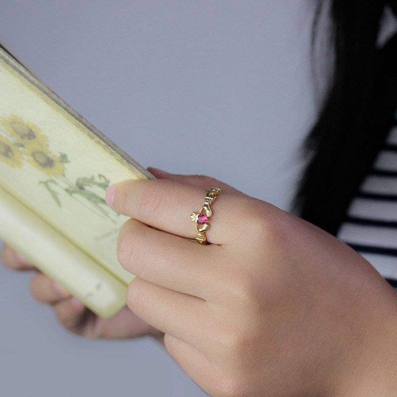 Personalised modern Claddagh birthstone name ring view