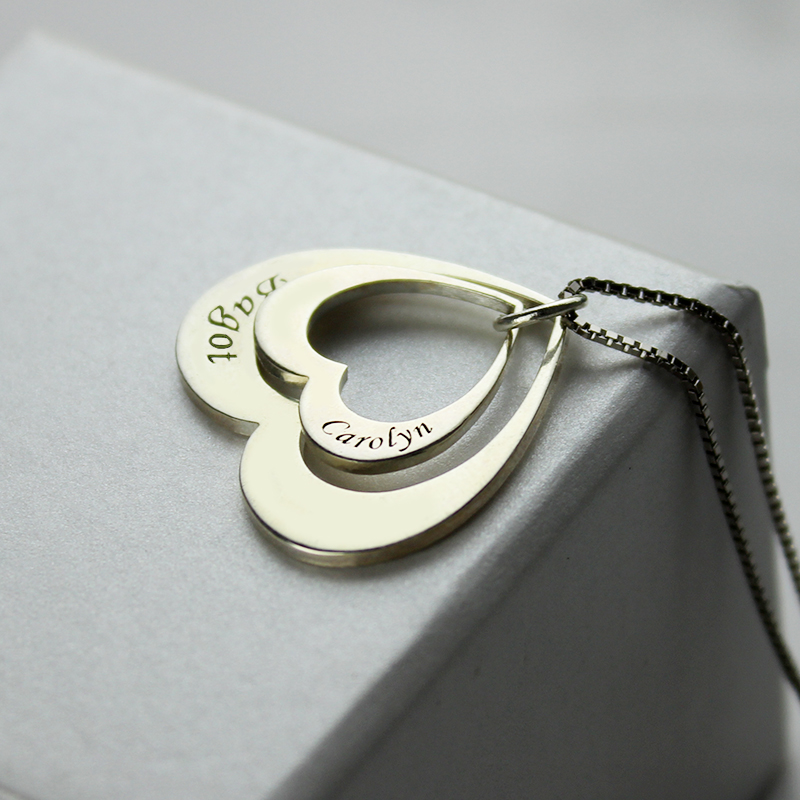 Double Heart Pendant with Names Sterling silver double heart pendant with names