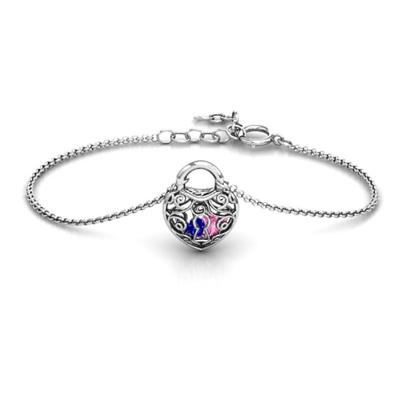 Personalised True Love's Lock Caged Bracelet Personalised padlock-style bracelet with filigree detailing and two heart-shaped stones