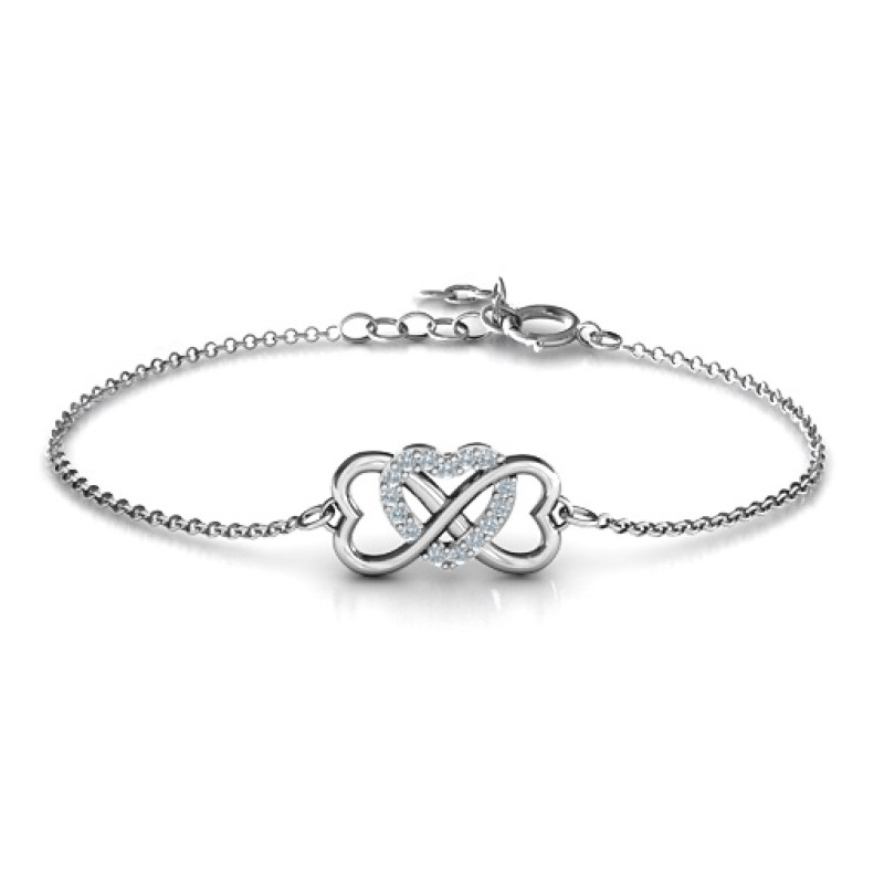 Personalised triple heart infinity bracelet with round accent stones