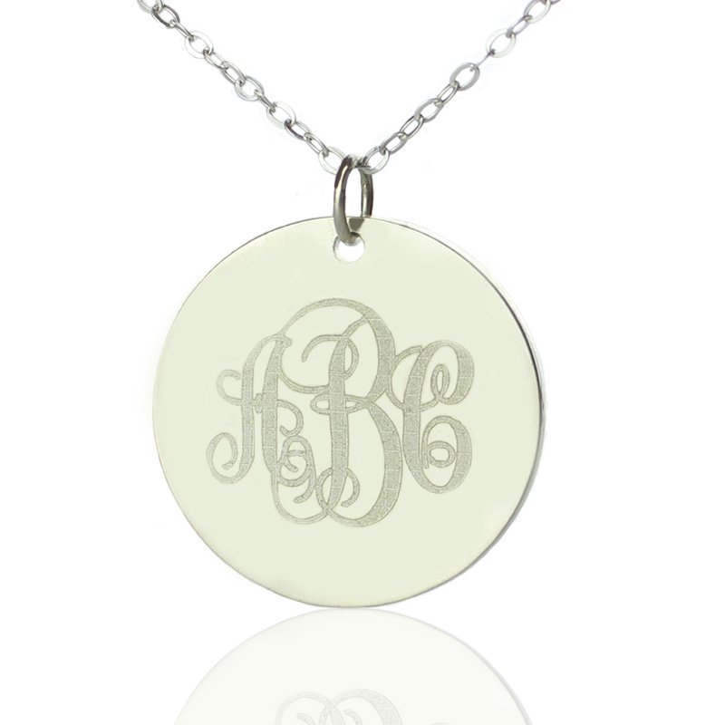 Solid White Gold Vine Font Disc Engraved Monogram Necklace Solid white gold vine font disc engraved monogram necklace