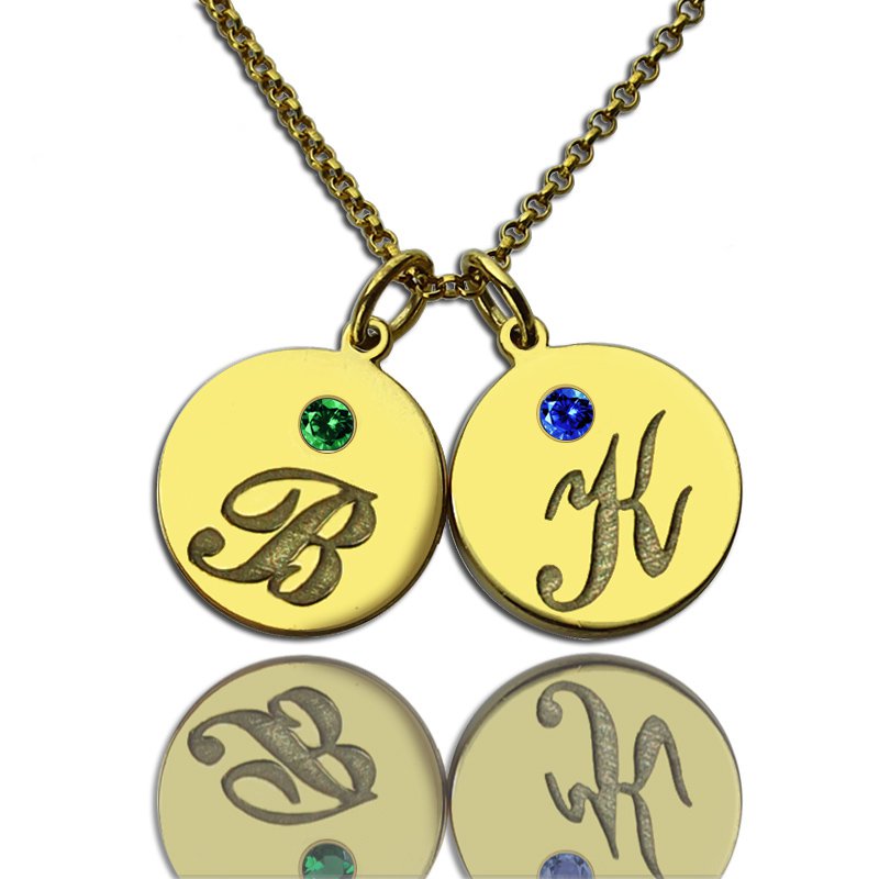 Engraved Initial Birthstone Disc Charm Necklace Engraved initial and birthstone disc charm necklace