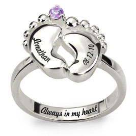 Engraved Baby Feet Ring with Birthstone Sterling Silver