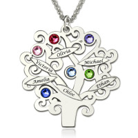 Engraved Family Tree Necklace with Birthstones Sterling Silver