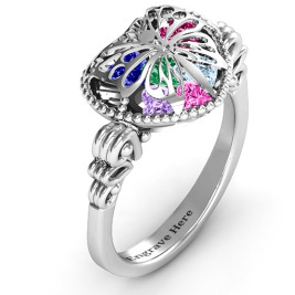 Butterfly Caged Hearts Ring with Butterfly Wings Band