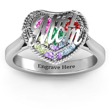 #1 Mom Caged Hearts Ring with Ski Tip Band